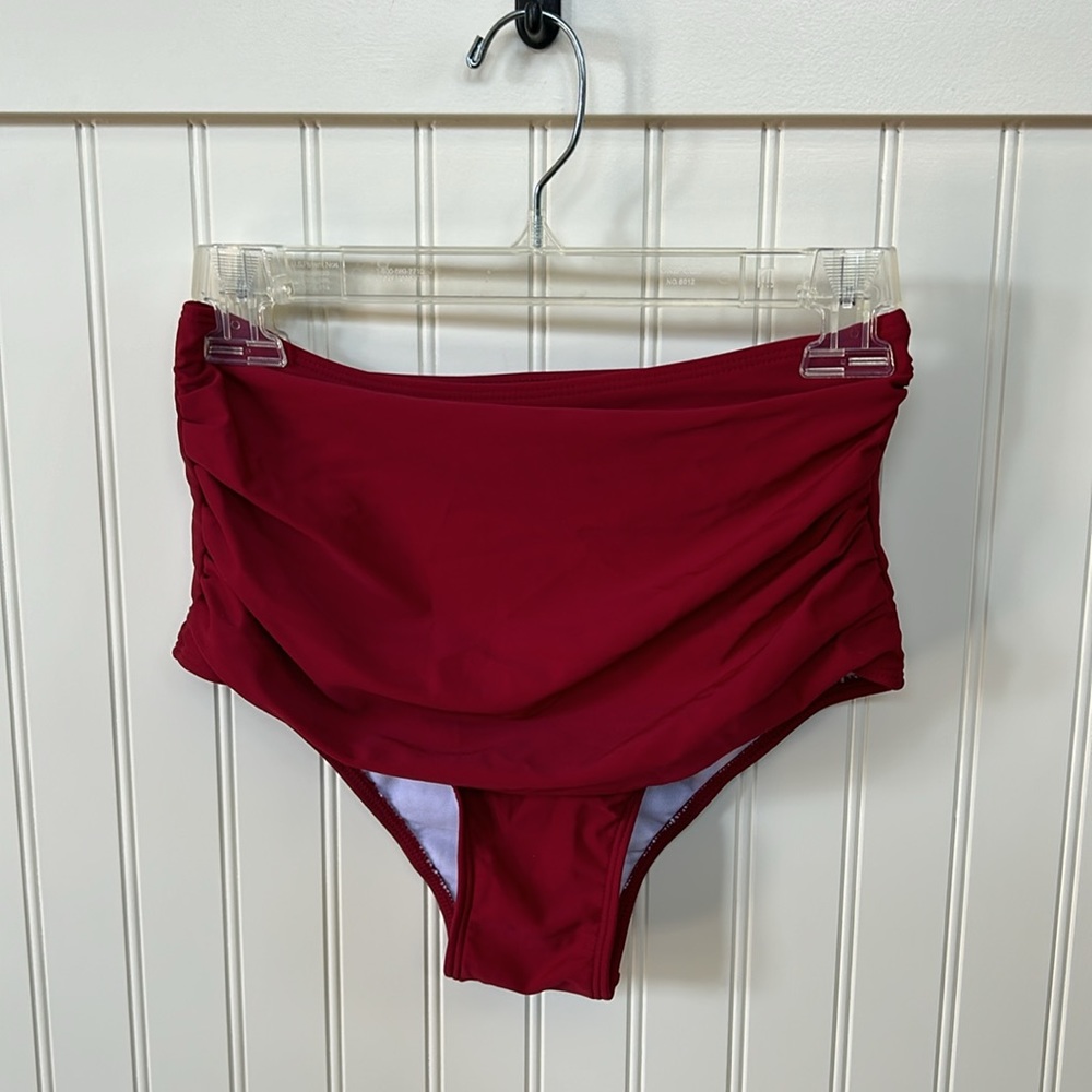 Swim suit two piece never worn color red high waisted bottoms ruffle top cute - Picture 5 of 14